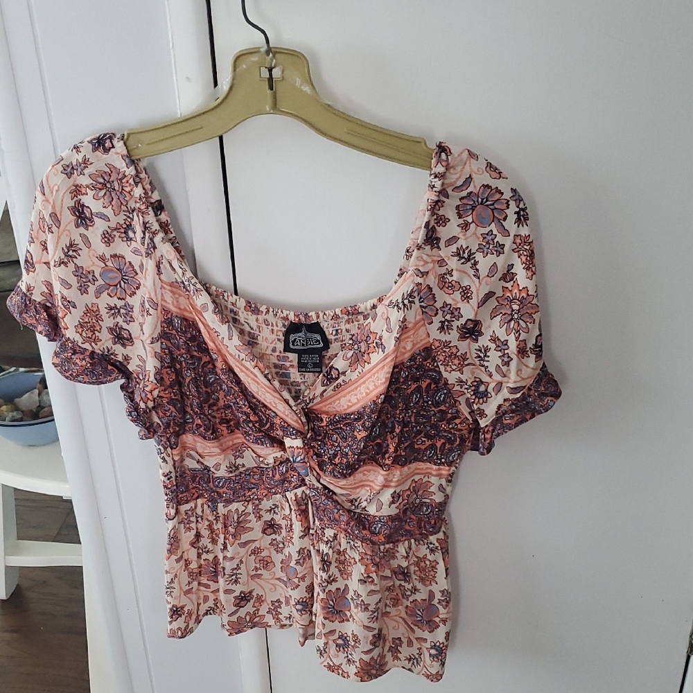 Angie Peach,blue,white, Top. Size L